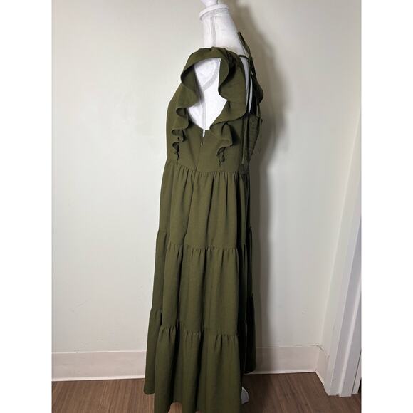 Crosby Olive Green Square Neck Ruffled Sleeveless Straps Midi Tiered Dress Sz M - Picture 2 of 4